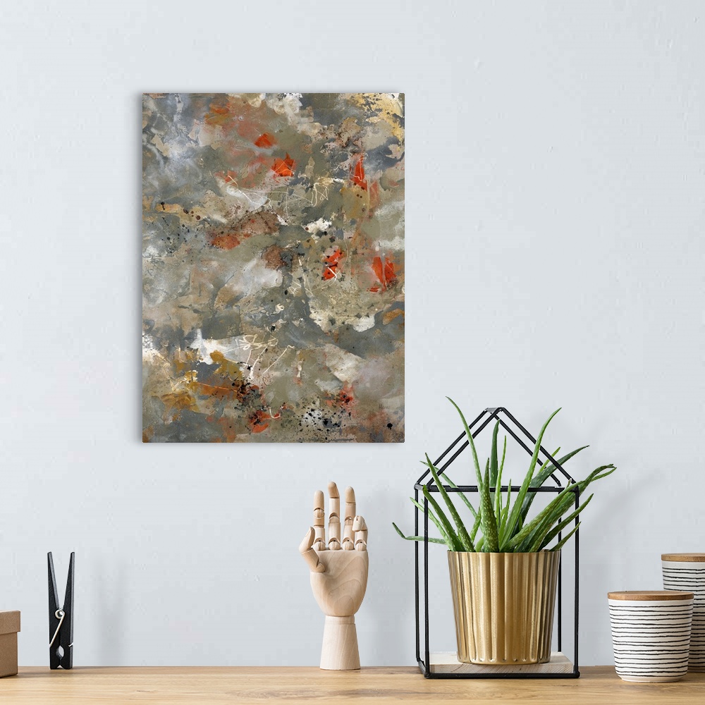 A bohemian room featuring Big abstract painting on canvas of blotches of color layered on top of a grungy neutral background.