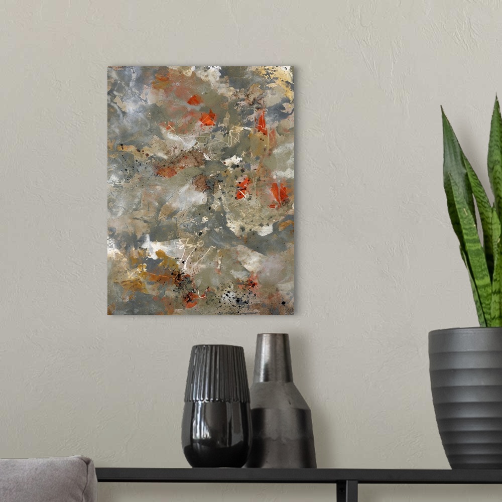A modern room featuring Big abstract painting on canvas of blotches of color layered on top of a grungy neutral background.