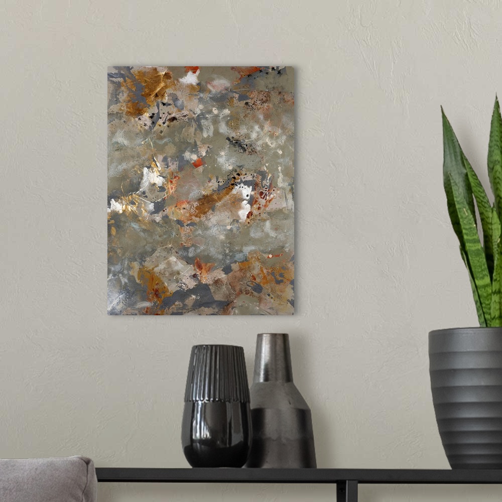 A modern room featuring Contemporary abstract image of paint splatters and drops on a canvas.