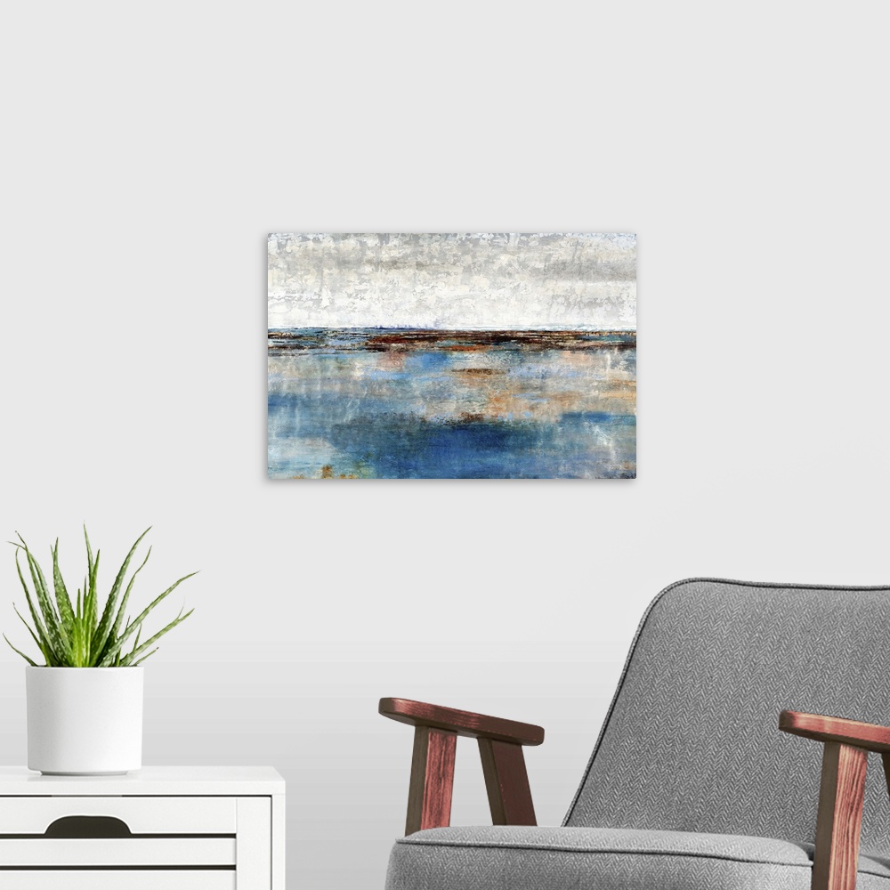 A modern room featuring Contemporary artwork of a blue landscape under a white cloudy sky.