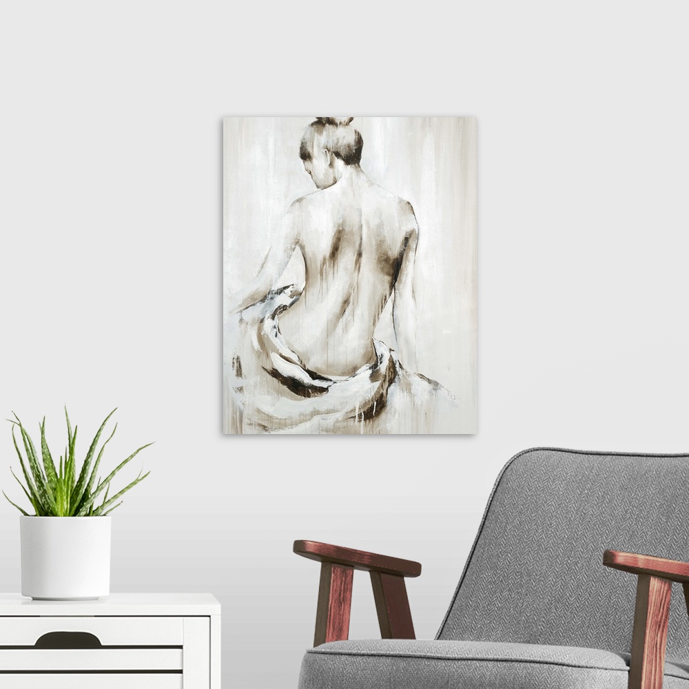 A modern room featuring Contemporary painting of the backside of a nude woman with a cloth wrapped around her bottom part...