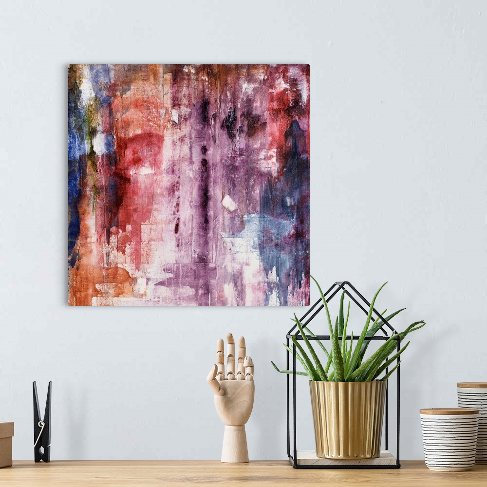 A bohemian room featuring Giant, square contemporary painting in numerous deep colors, layered on top of one another with r...