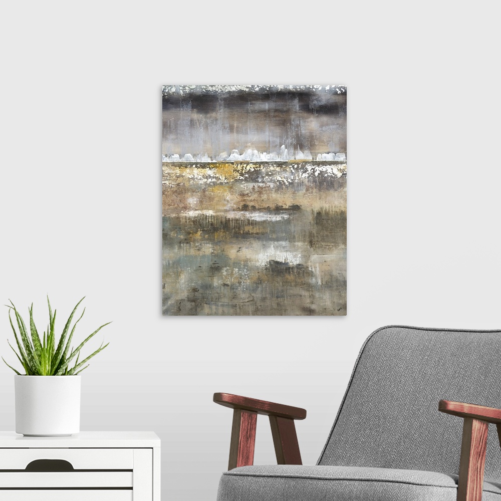 A modern room featuring Layered contemporary abstract painting with gold, brown, white, and gray hues.