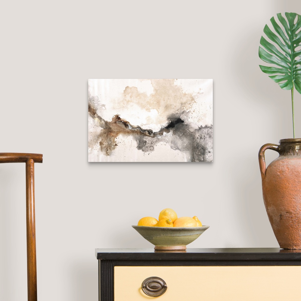A traditional room featuring Contemporary abstract painting in earthy tones of brown and grey.