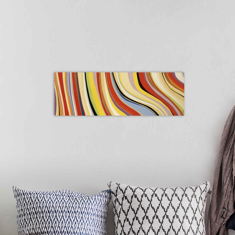A bohemian room featuring Oversized contemporary artwork of vertical, waving stripes in a variety of retro colors.