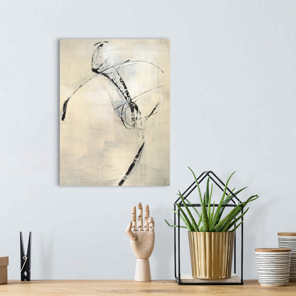 A bohemian room featuring Contemporary abstract painting using neutral tones and bold sketchy lines resembling a human form.