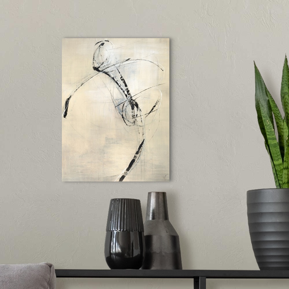 A modern room featuring Contemporary abstract painting using neutral tones and bold sketchy lines resembling a human form.