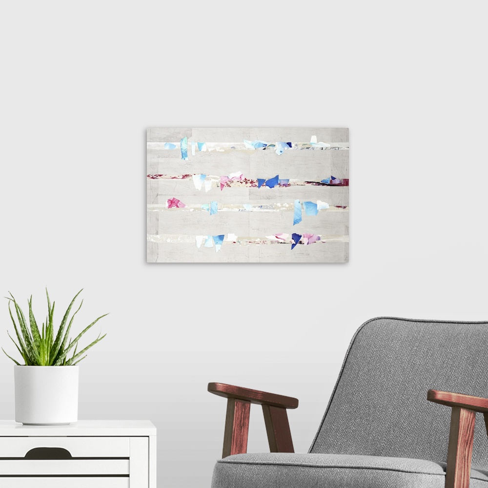 A modern room featuring Abstract painting of vertical white lines with multiple colors overlapping on a light gray backdrop.