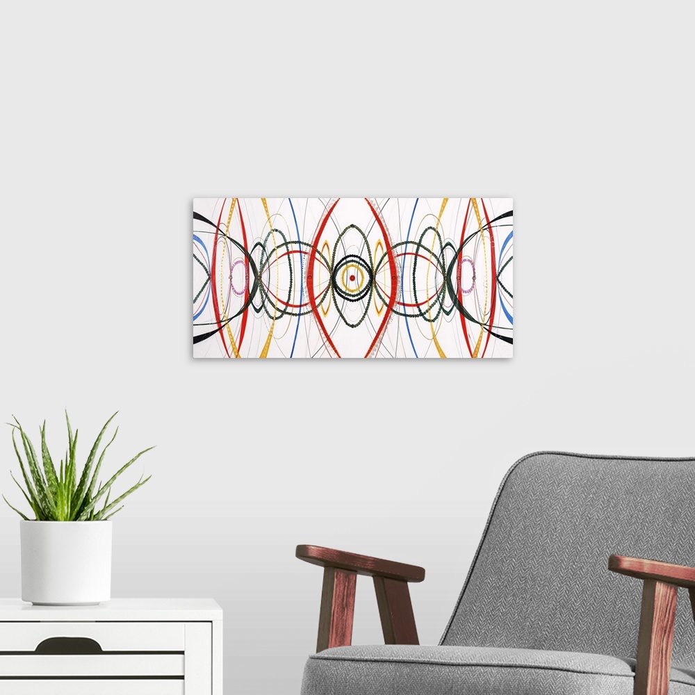 A modern room featuring Contemporary abstract art of colorful lines in a kaleidoscopic design.