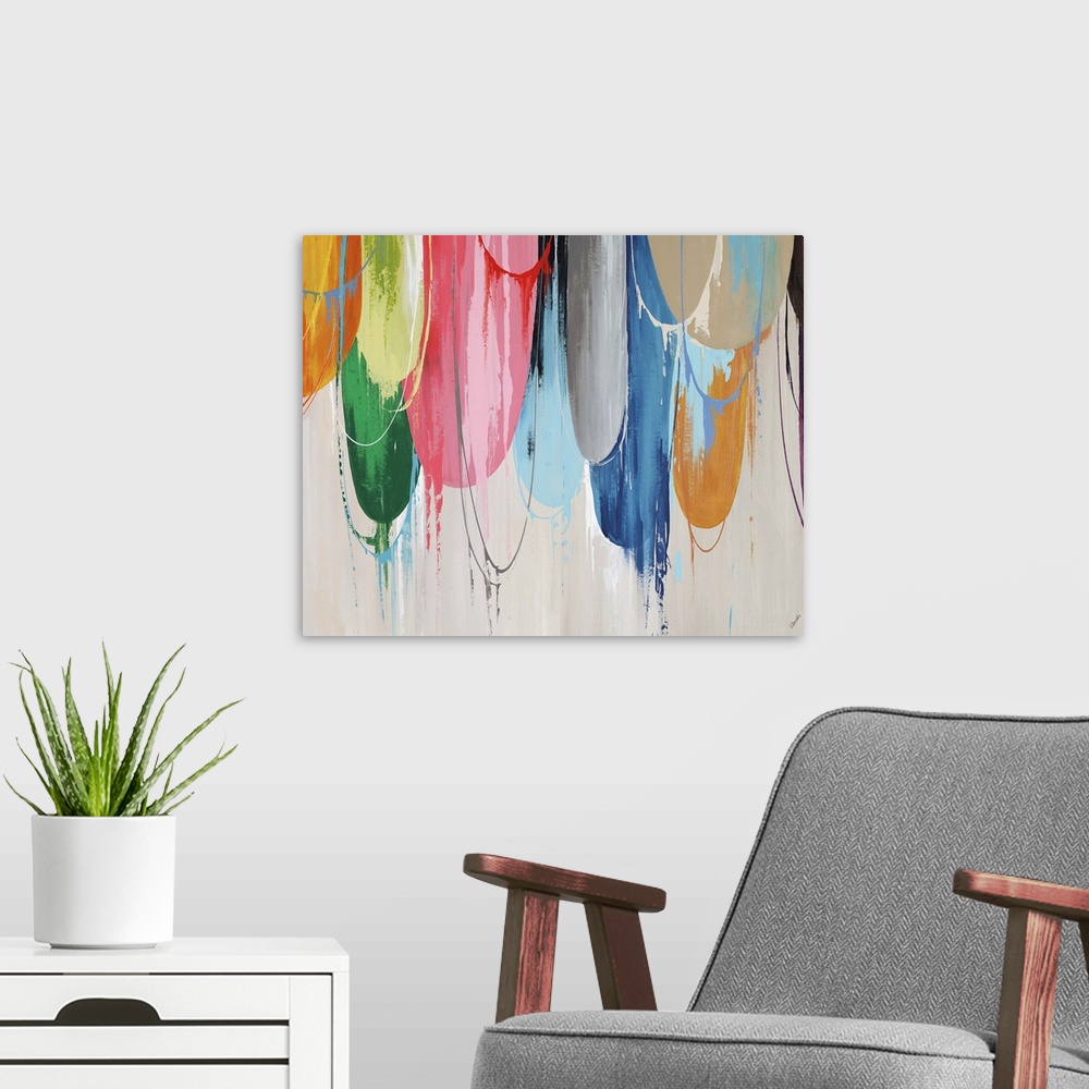 A modern room featuring Abstract painting of a cluster of brightly colored half circles that appear to have been pulled a...