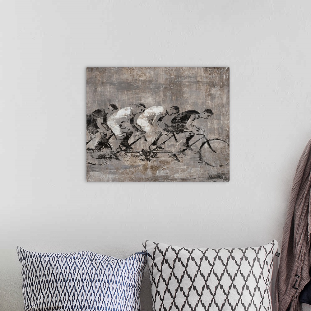 A bohemian room featuring Contemporary art of four riders on a tandem bicycle, painted with patchy sponge textures and neut...