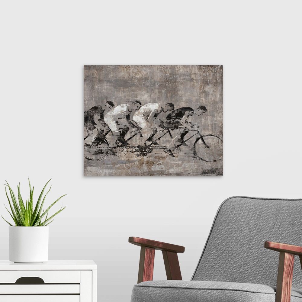 A modern room featuring Contemporary art of four riders on a tandem bicycle, painted with patchy sponge textures and neut...