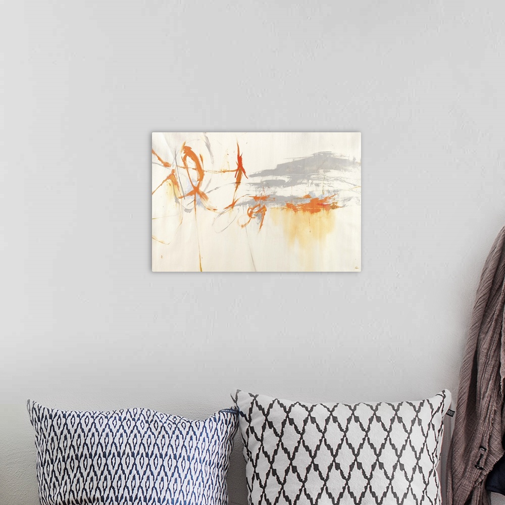 A bohemian room featuring Contemporary abstract painting with orange streaks against a pale background.