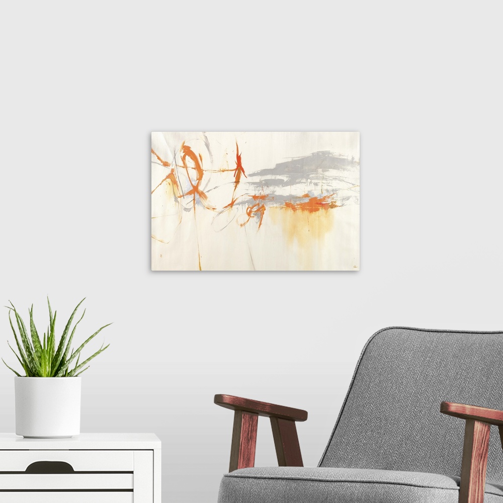 A modern room featuring Contemporary abstract painting with orange streaks against a pale background.