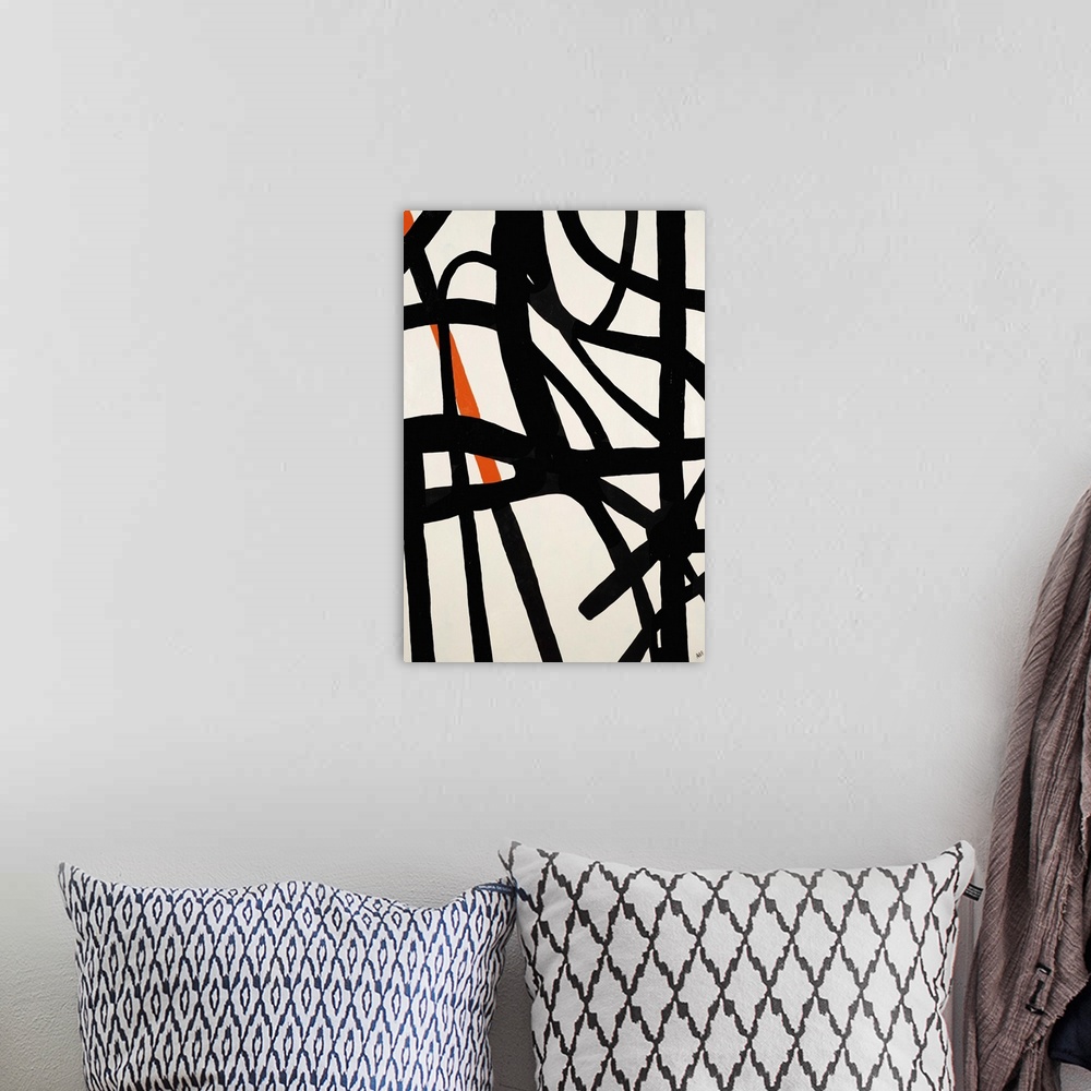 A bohemian room featuring Contemporary abstract painting using bold contrasting strokes against a a neutral background.