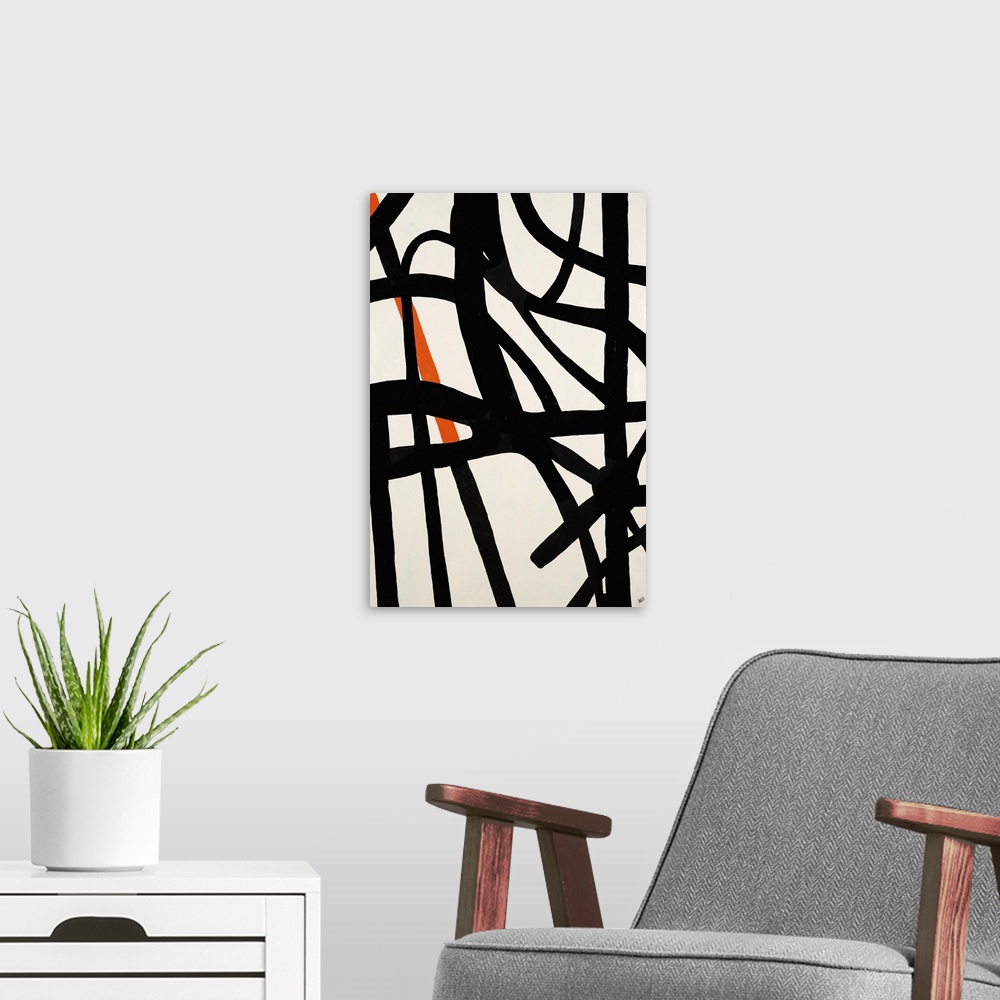 A modern room featuring Contemporary abstract painting using bold contrasting strokes against a a neutral background.