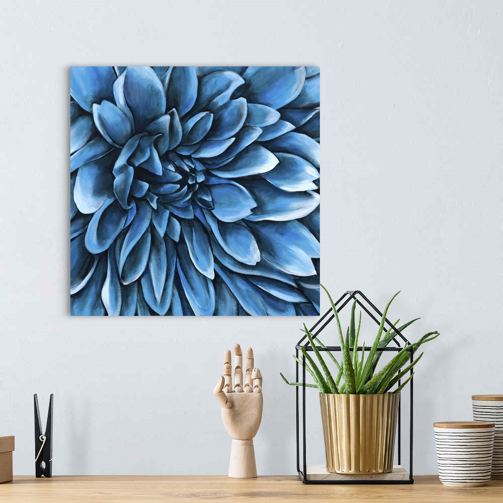A bohemian room featuring Contemporary artwork of a large blue flower with lots of petals.