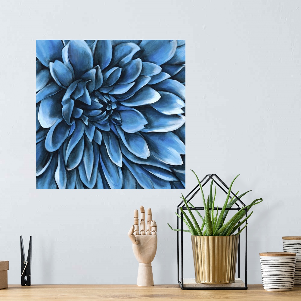 A bohemian room featuring Contemporary artwork of a large blue flower with lots of petals.