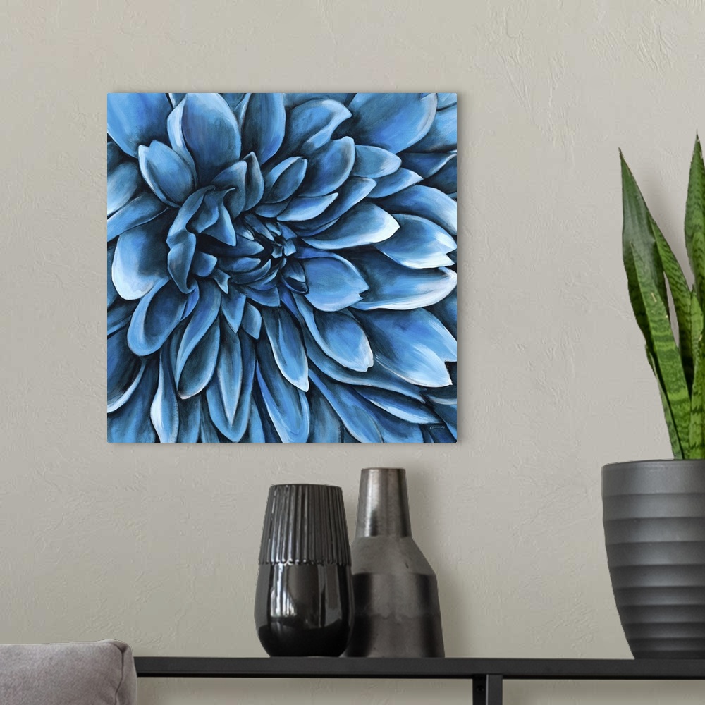 A modern room featuring Contemporary artwork of a large blue flower with lots of petals.