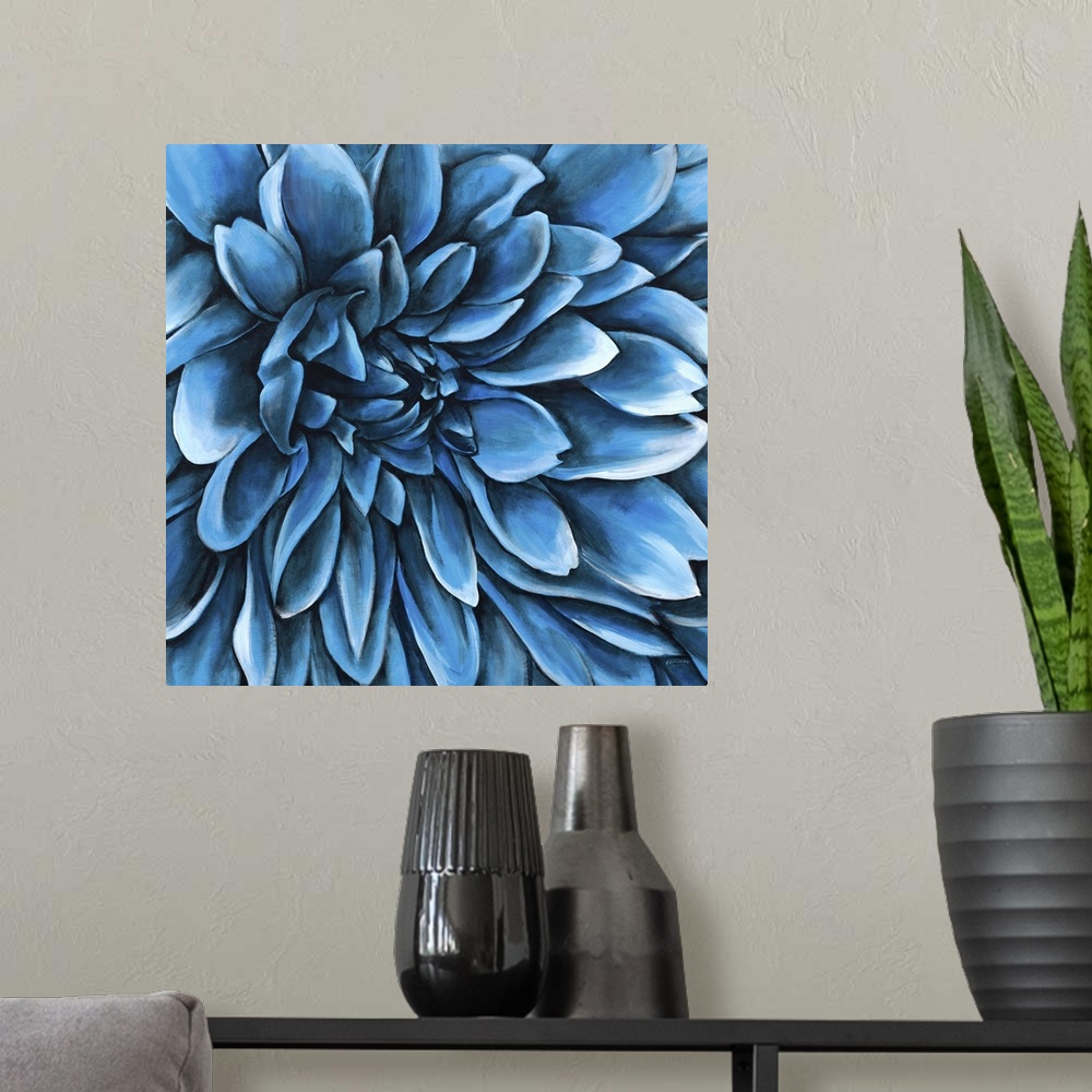 A modern room featuring Contemporary artwork of a large blue flower with lots of petals.