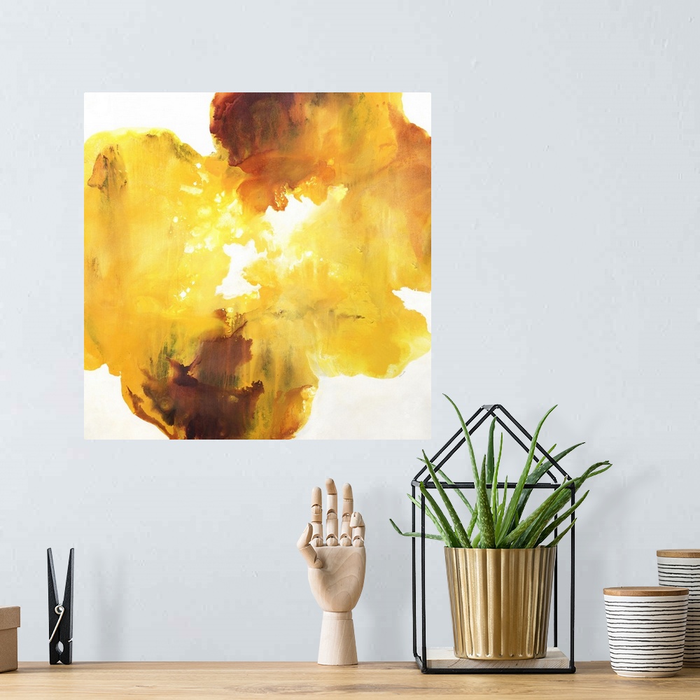 A bohemian room featuring Square abstract artwork with warm tones creating a circular movement in the middle of a white can...