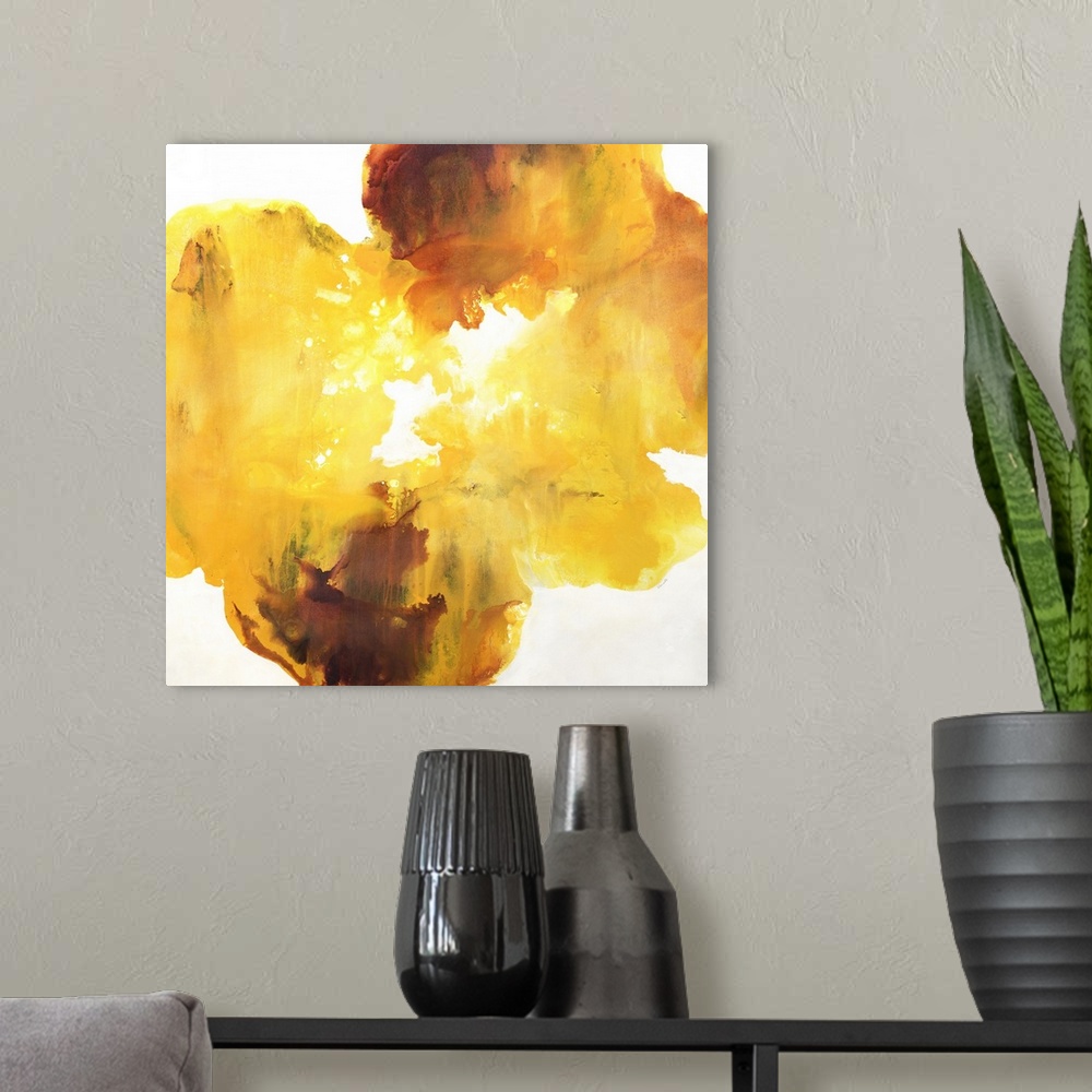 A modern room featuring Square abstract artwork with warm tones creating a circular movement in the middle of a white can...