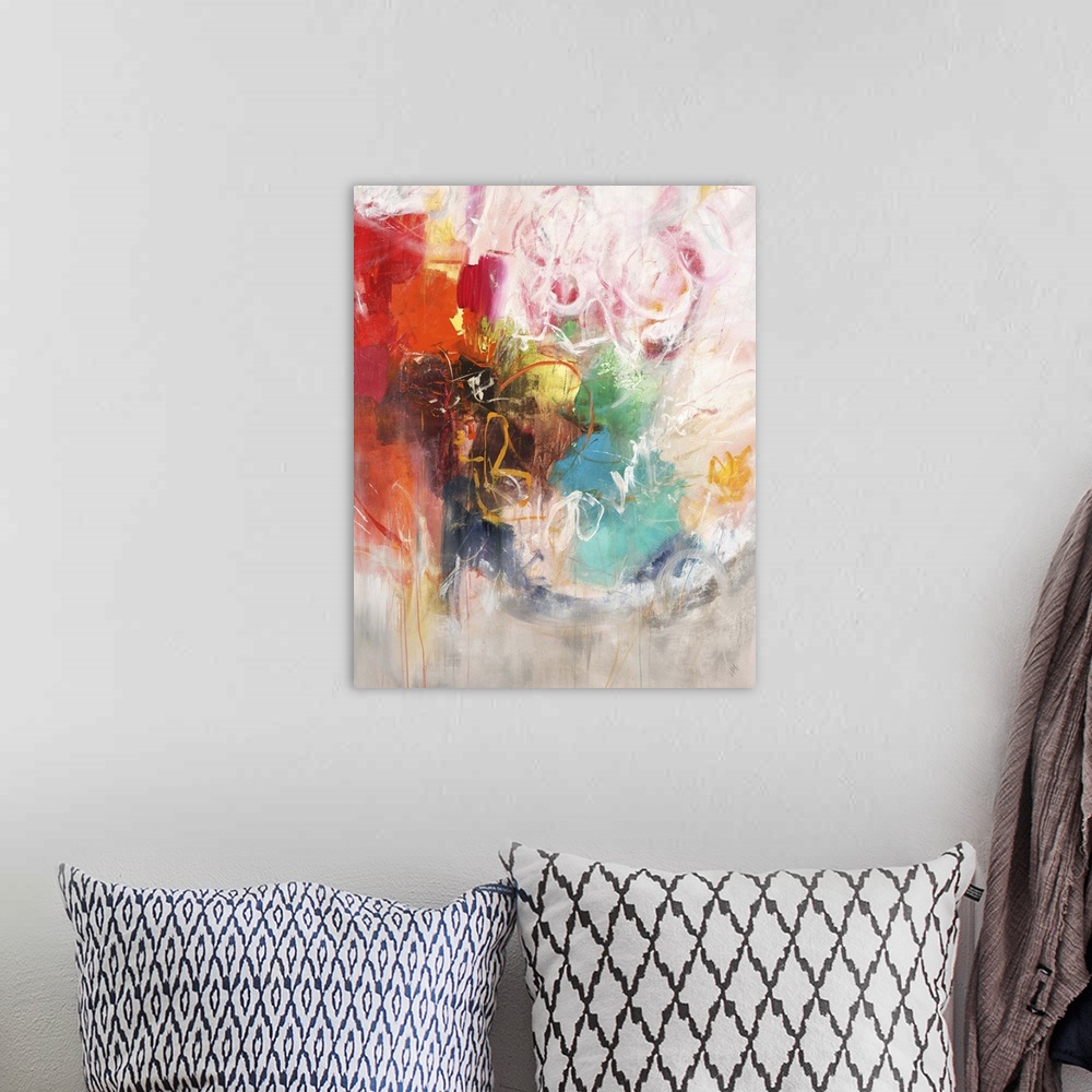 A bohemian room featuring Brightly colored contemporary abstract artwork in rainbow colors.