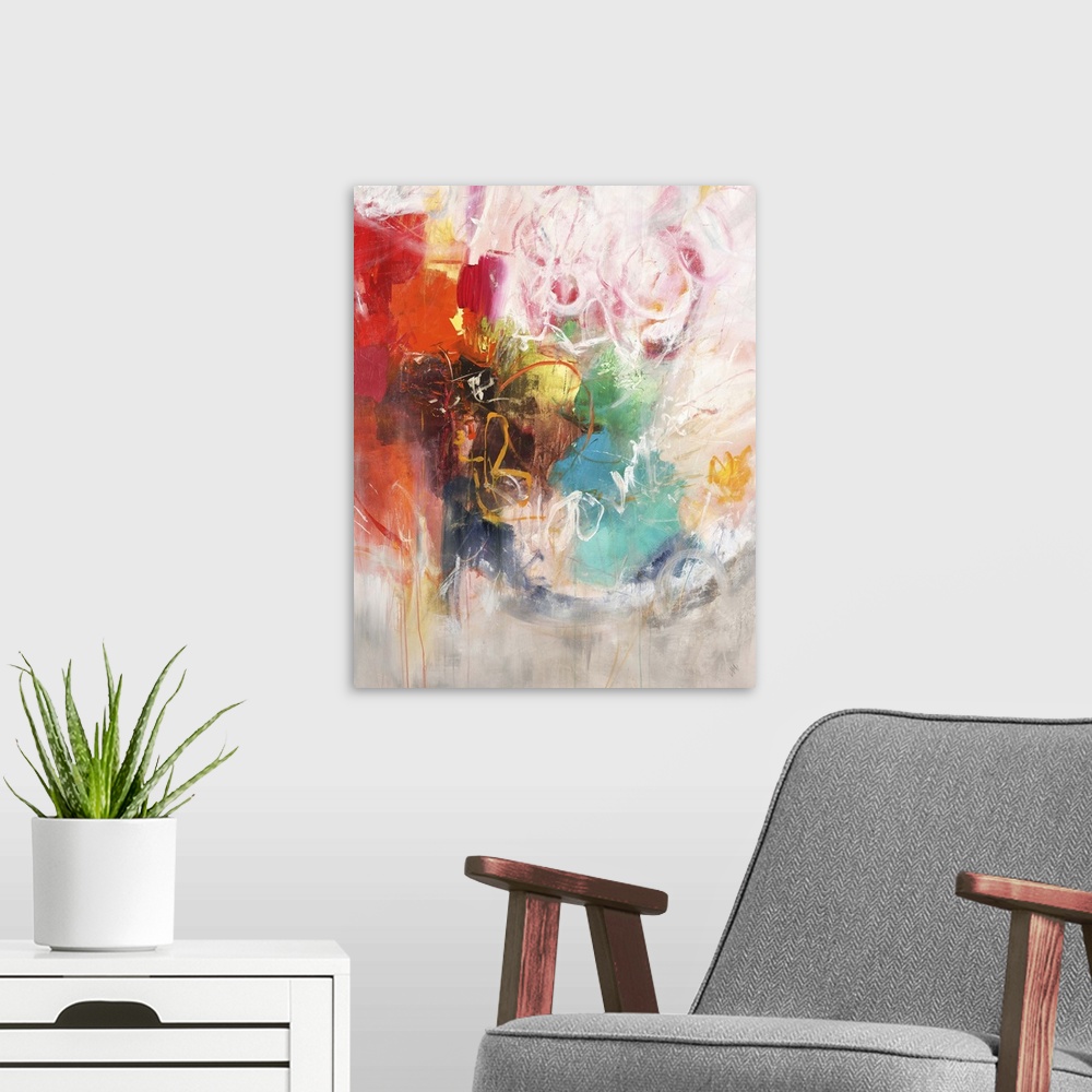 A modern room featuring Brightly colored contemporary abstract artwork in rainbow colors.