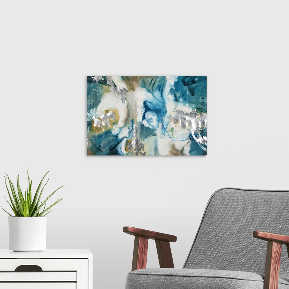 A modern room featuring Large abstract painting with marbled colors in shades of blue, brown, silver, gold, and white.