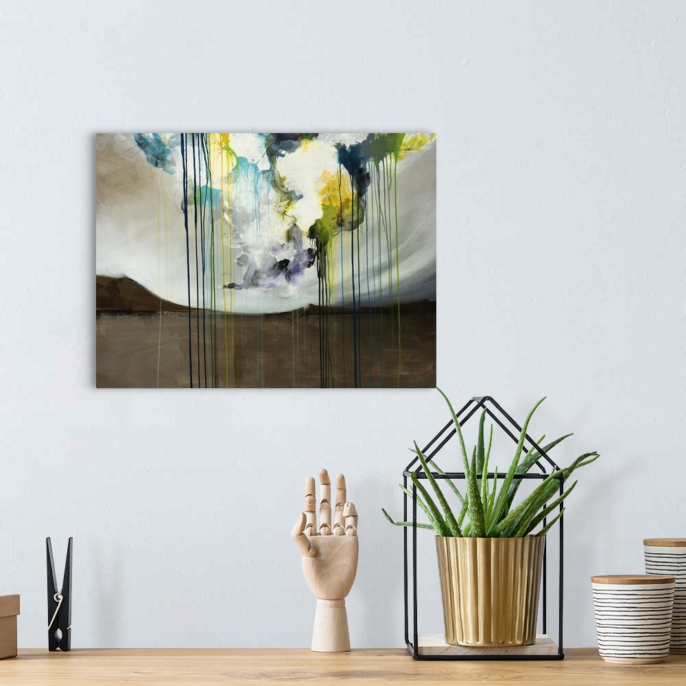 A bohemian room featuring Contemporary abstract painting on canvas of a landscape with mountains and paint drips in the clo...