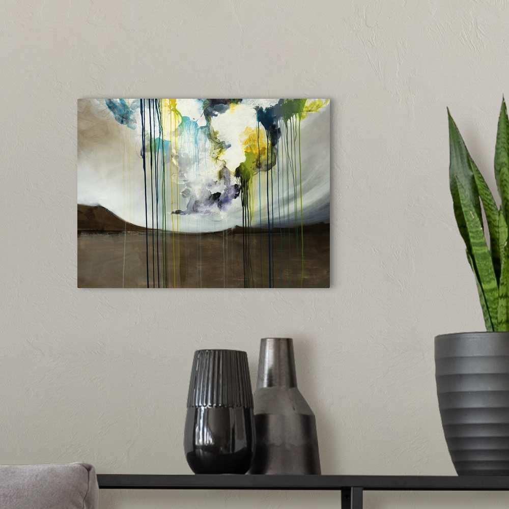 A modern room featuring Contemporary abstract painting on canvas of a landscape with mountains and paint drips in the clo...