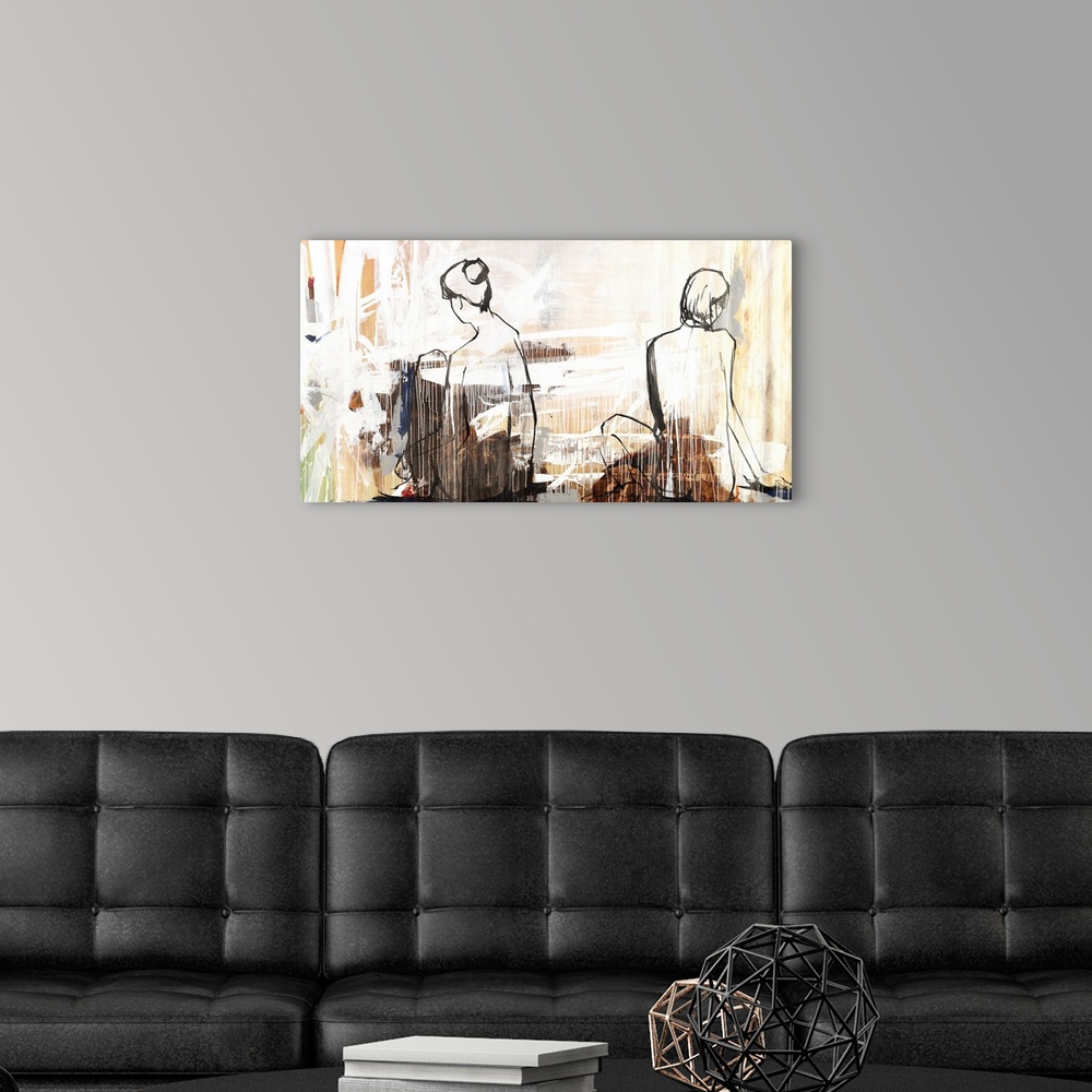 A modern room featuring Contemporary artwork with sketches of two nude women sitting with their backs to us on top of a b...
