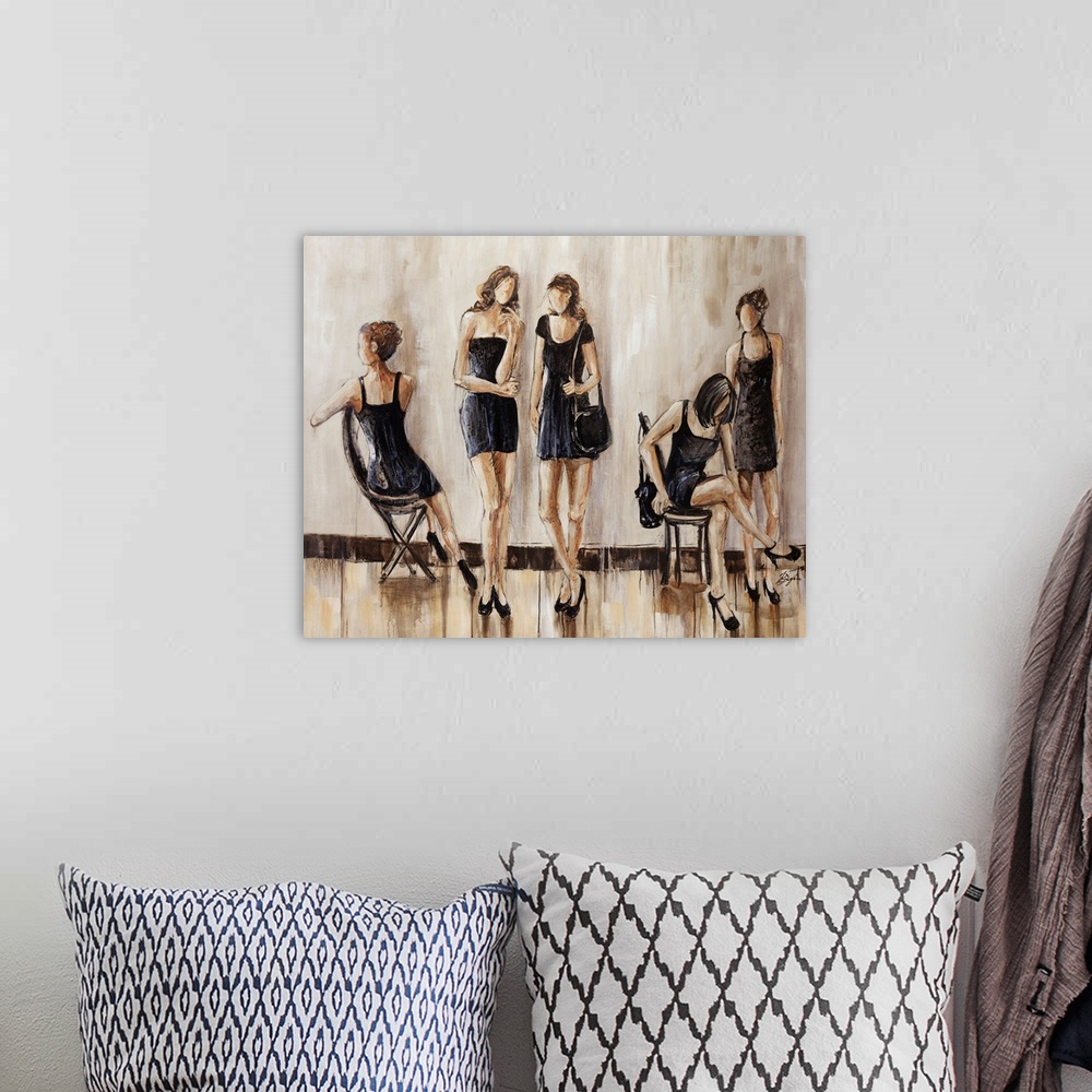 A bohemian room featuring This is a contemporary painting of five women wearing little black dresses. This horizontal, figu...