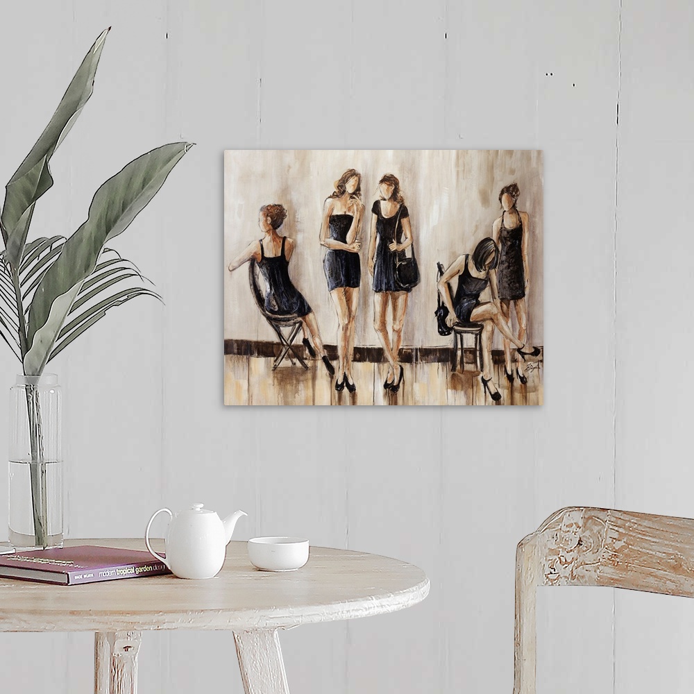 A farmhouse room featuring This is a contemporary painting of five women wearing little black dresses. This horizontal, figu...