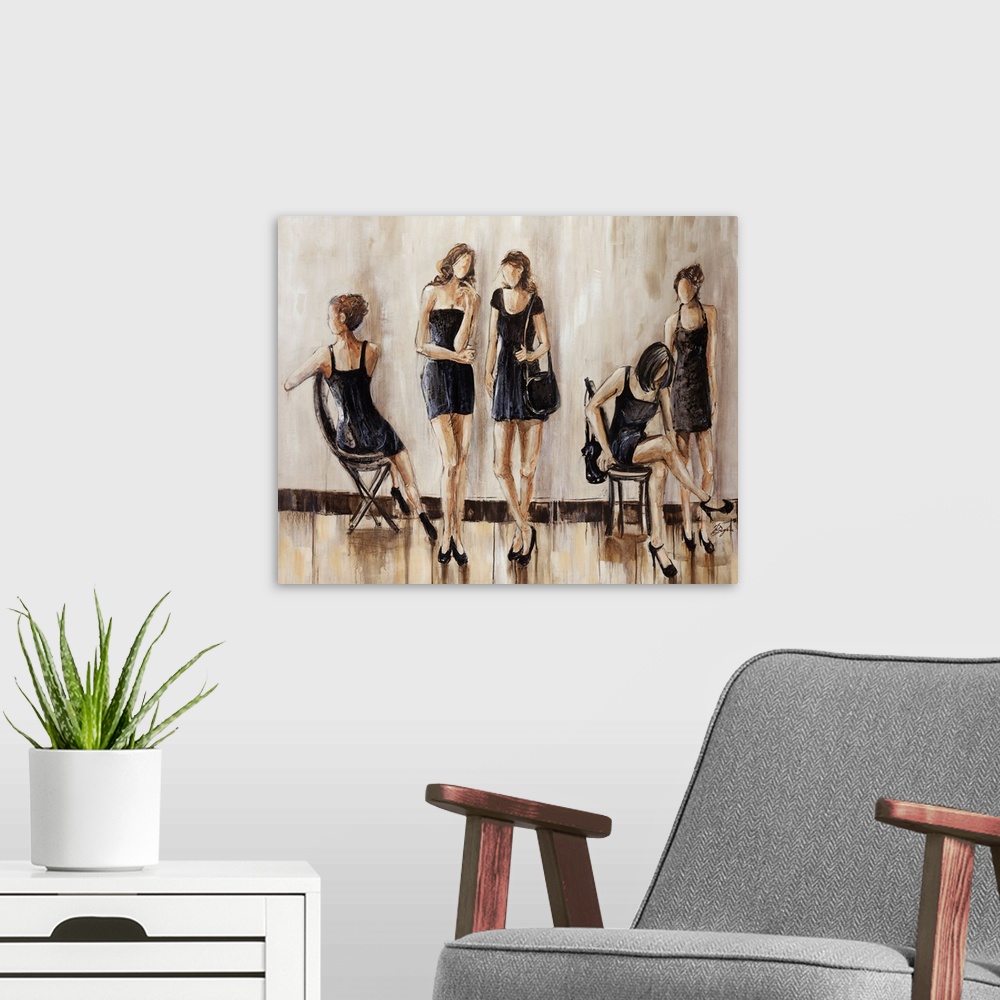 A modern room featuring This is a contemporary painting of five women wearing little black dresses. This horizontal, figu...