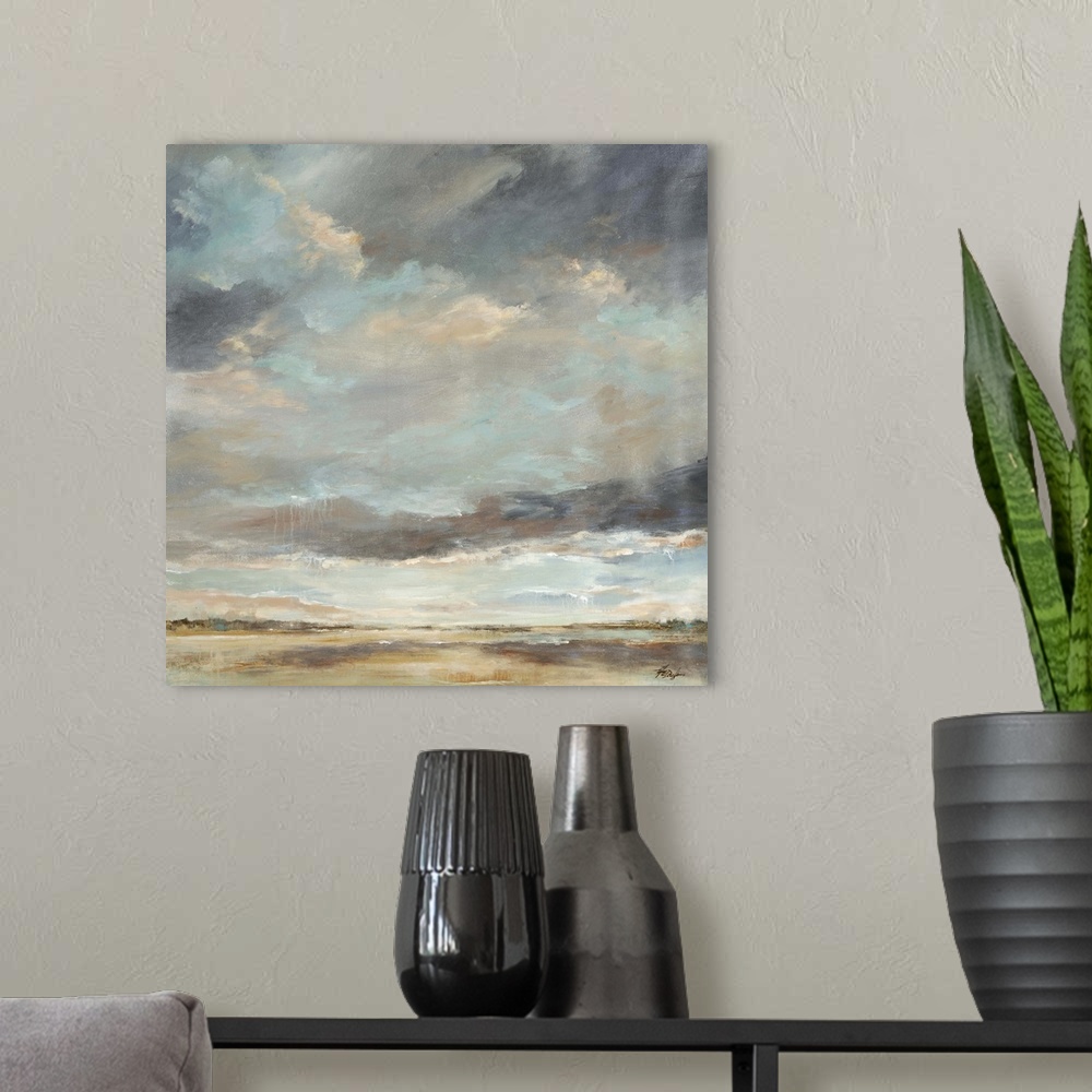 A modern room featuring Abstract painting of storm clouds moving into a thick sky of clouds over a vast, empty landscape.