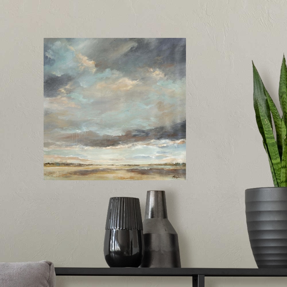 A modern room featuring Abstract painting of storm clouds moving into a thick sky of clouds over a vast, empty landscape.