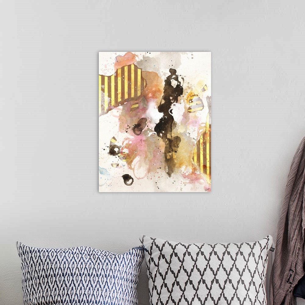 A bohemian room featuring Contemporary abstract art with black and pink splatters and striped collage elements.