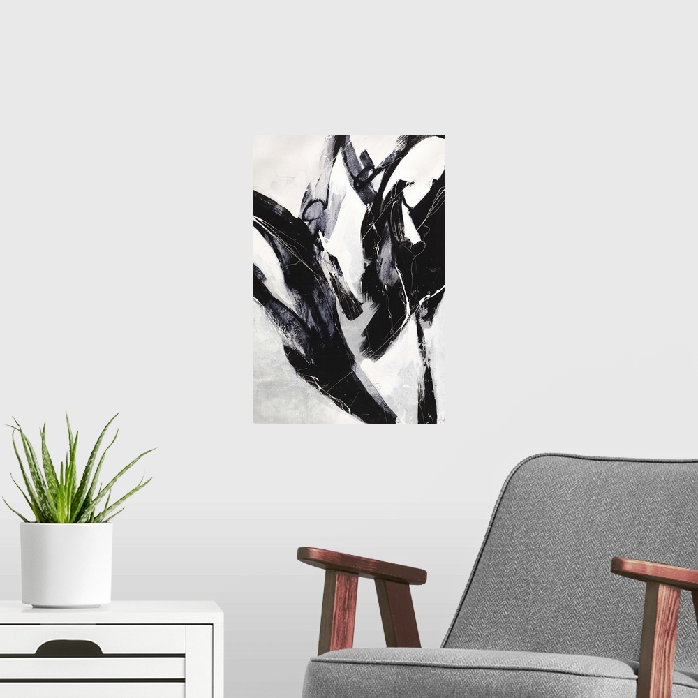 A modern room featuring Contemporary abstract painting using dark bold lines against a neutral toned background.