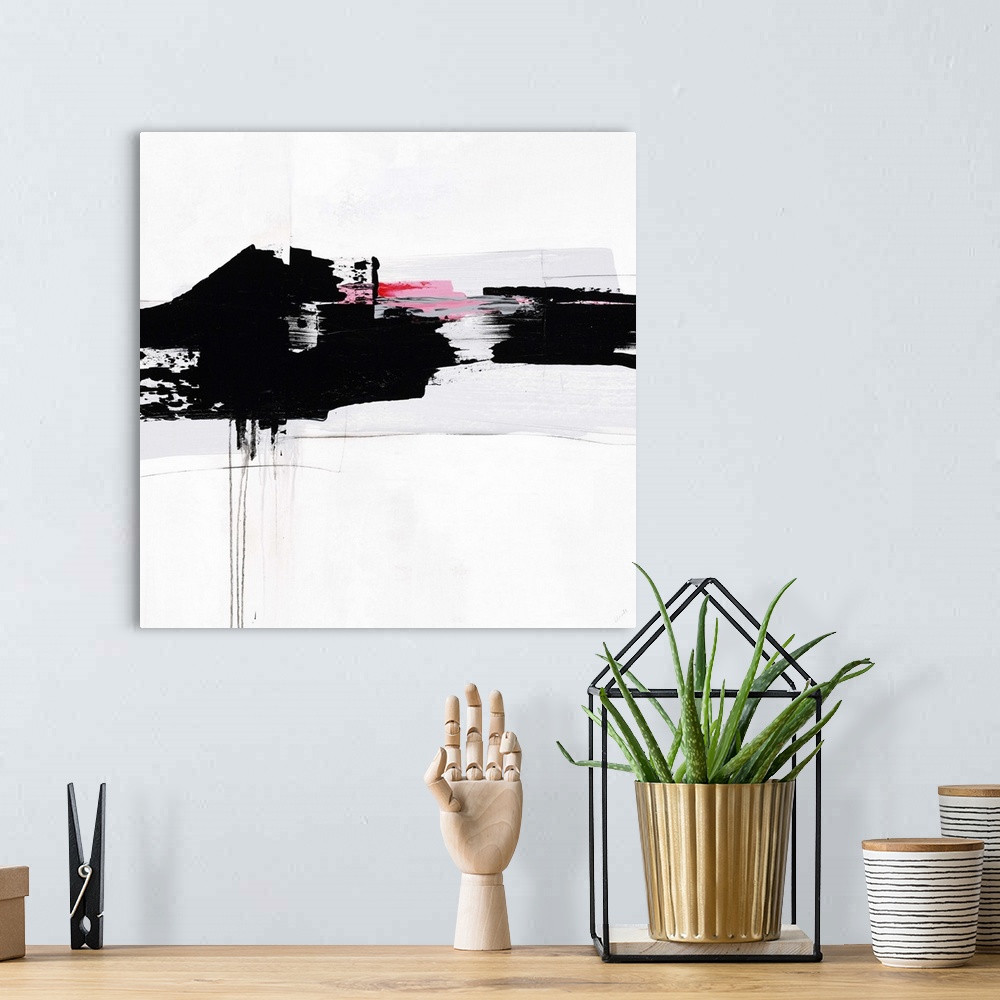 A bohemian room featuring Contemporary abstract painting using bold black swipes with hints of pink against a white surface.