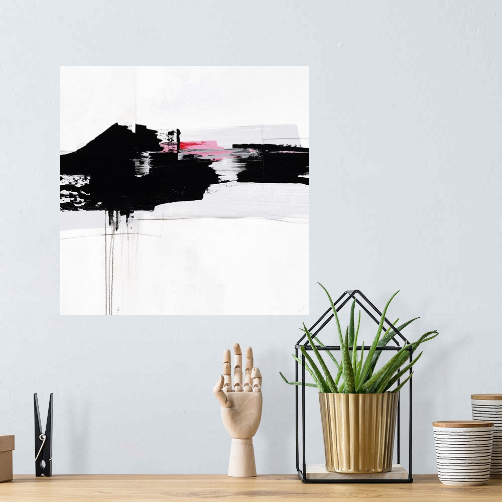 A bohemian room featuring Contemporary abstract painting using bold black swipes with hints of pink against a white surface.