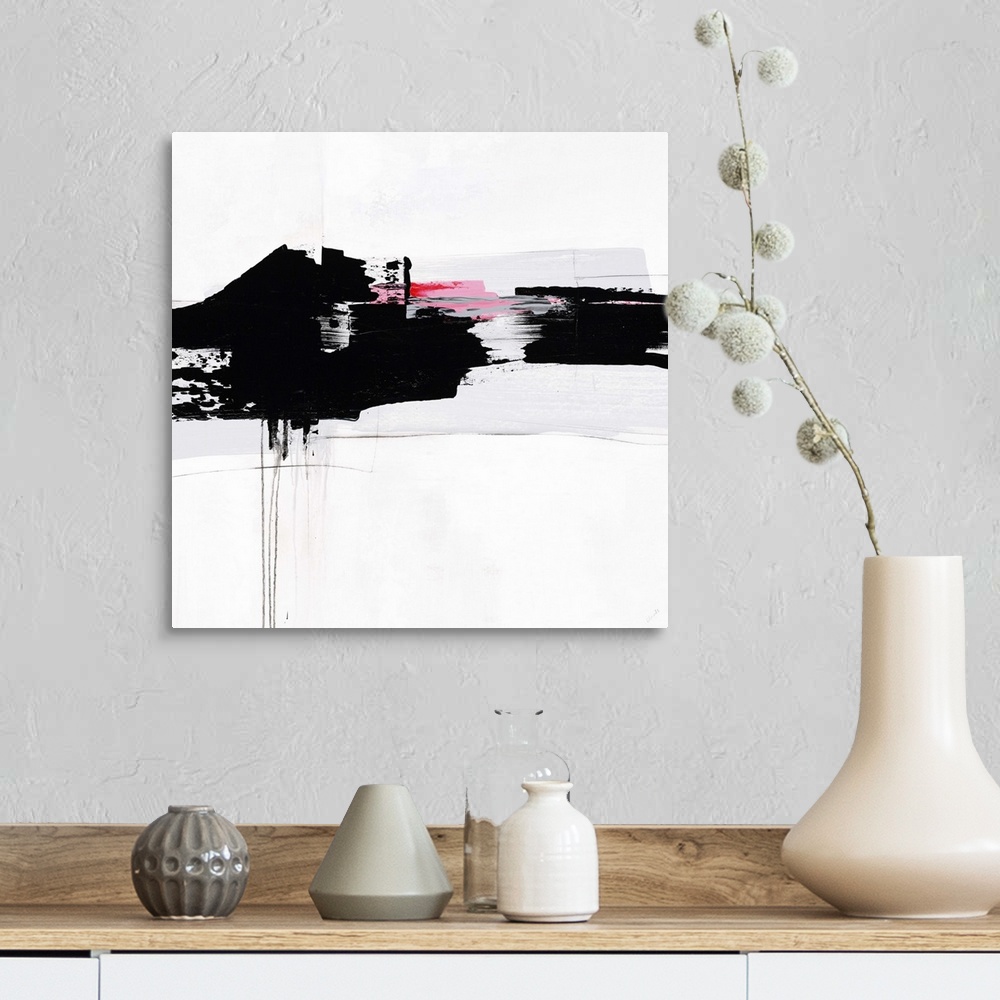 A farmhouse room featuring Contemporary abstract painting using bold black swipes with hints of pink against a white surface.