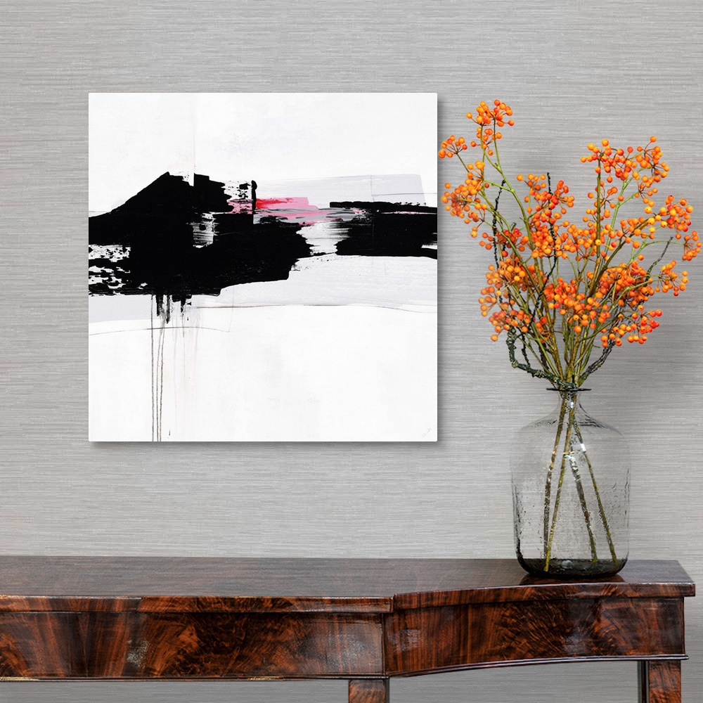 A traditional room featuring Contemporary abstract painting using bold black swipes with hints of pink against a white surface.