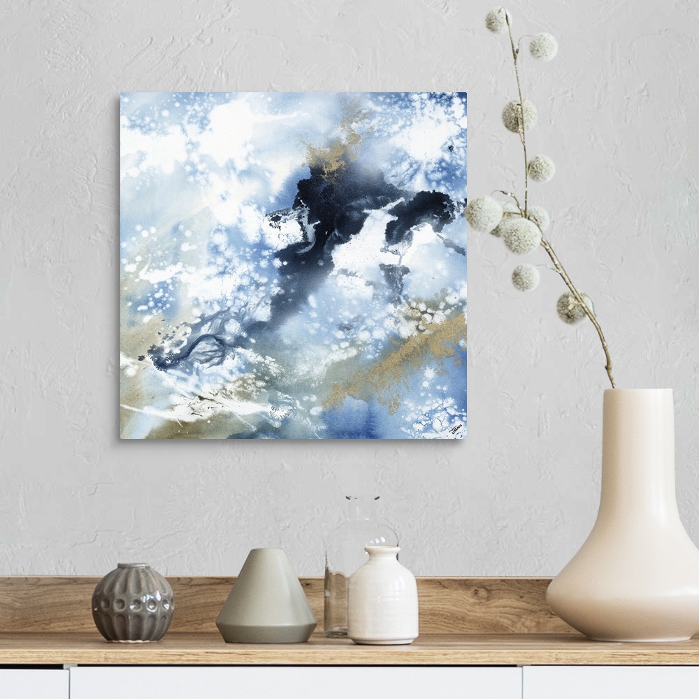 A farmhouse room featuring Abstract contemporary painting in blue and brown tones, resembling a cloudy sky.