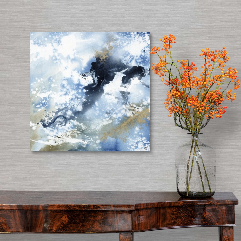 A traditional room featuring Abstract contemporary painting in blue and brown tones, resembling a cloudy sky.