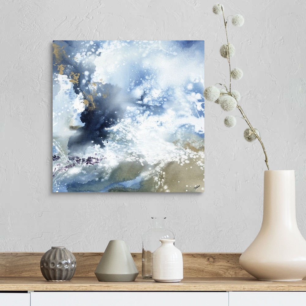 A farmhouse room featuring Abstract contemporary painting in blue and brown tones, resembling a cloudy sky.