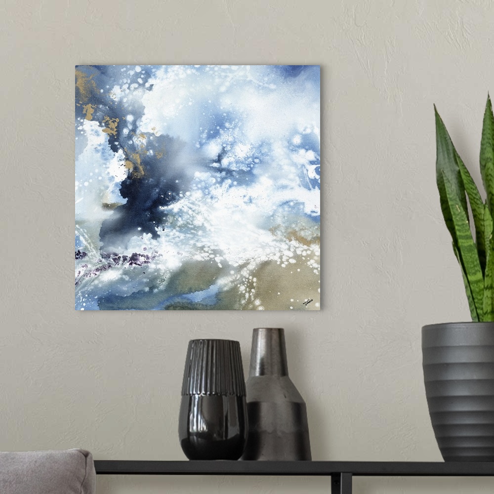 A modern room featuring Abstract contemporary painting in blue and brown tones, resembling a cloudy sky.