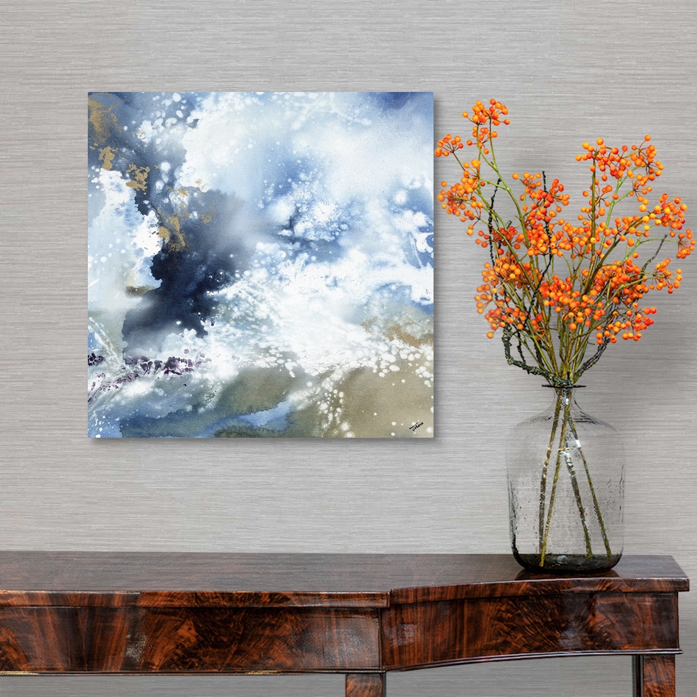 A traditional room featuring Abstract contemporary painting in blue and brown tones, resembling a cloudy sky.