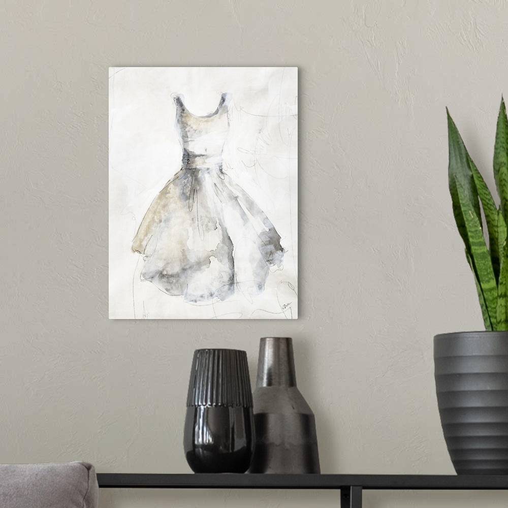 A modern room featuring Contemporary watercolor painting of a dress with faint details.