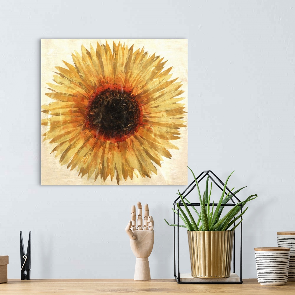 A bohemian room featuring Contemporary painting of a big beautiful sunflower against a brown background.